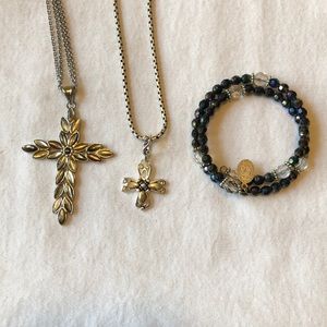 Cross necklaces and beaded bracelet